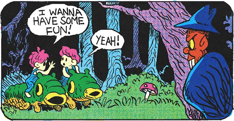 Characters in a forest. A panel from Thistles comics.